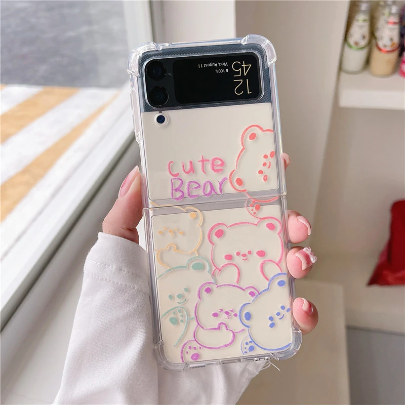 

Cute Cartoon Animal Colorful Line Bear Transparent Phone Case For Galaxy Z Flip 3 5G Case Flip 3 Shockproof Back Bumper Cover