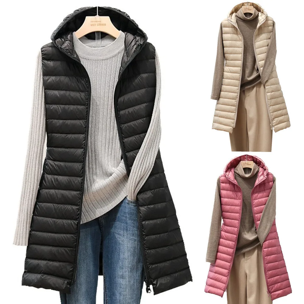 New female autumn and winter medium long hooded light down padded jacket waistcoat cotton vest enlarge