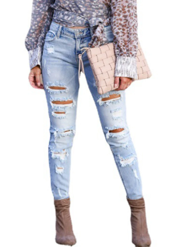 Pencil pants trousers women's 2023 European style women's jeans washed ripped holes