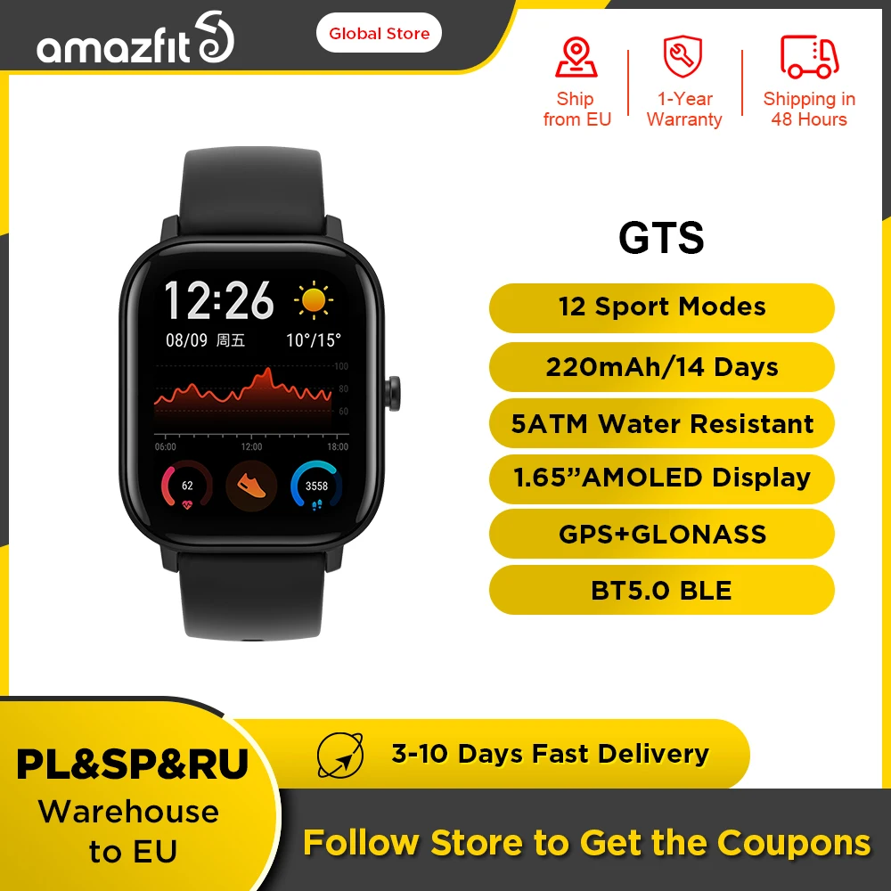 Original Global Version Amazfit GTS Smart Watch 5ATM Waterproof 14 Days Battery Fashion GPS Smartwatch for Men For  Android