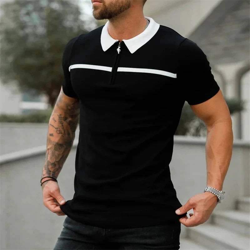 

2023 new Men Sport Tee Polos Splicing T-Shirt Top Fitness Short Sleeve Blouse Casual Slim Fit Summer Breathable Gym Men T-Shirt