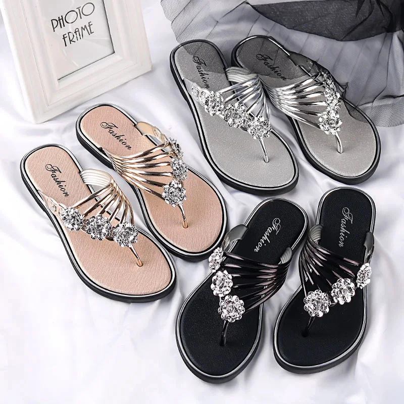 Ladies Sandals Fashion Open Toe Silver High Quality Anti-slip Beach Sandals Ladies Casual Gold Crystal Shoes Summer Home Sandals