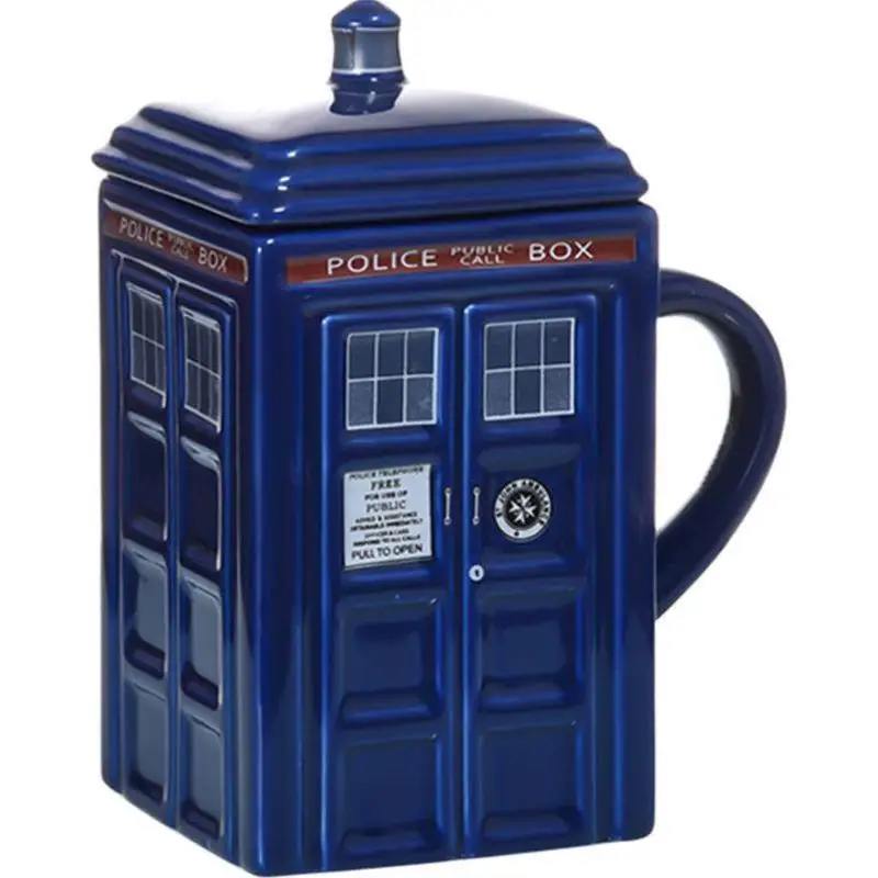 

Doctor Who Tardis Creative Police Box Mug Funny Ceramic Coffee Tea Cup With Spoon Gift Box In Blue and Milk Drinks Breakfast Cup