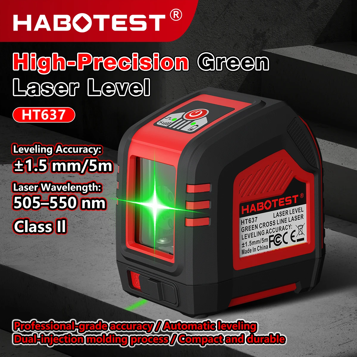 Фото Лазерный уровень HABOTEST HT637 Mini с 2 зелеными линиями, автоматическое самовыравнивание, 30 м ±1,5 мм/5 м, режим наклона, инструмент для строительных работ и измерений №2