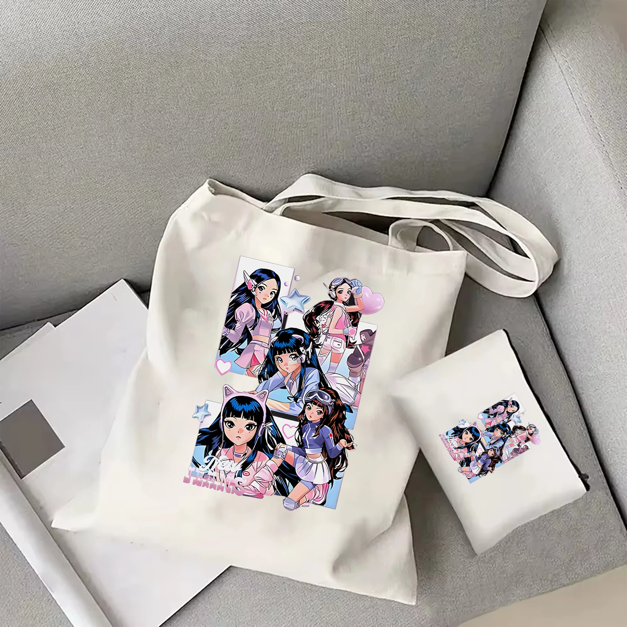 Сумка-тоут NewJeans Kpop женская модный саквояж на плечо в стиле аниме Холщовый тоут с