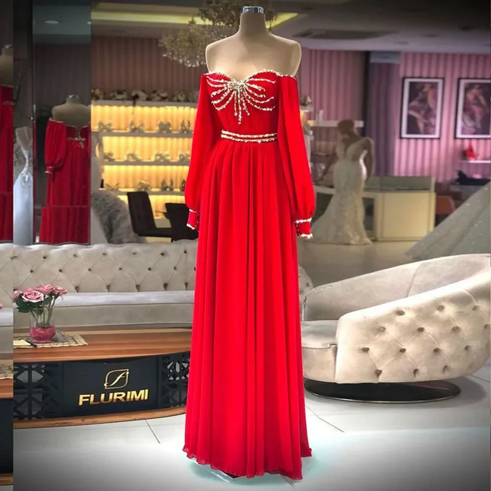 

Red Sweetheart Arabic Chiffon Full Sleeve Evening Dresses Lace Up Beadings Prom Gown Party Abendkleider Customize