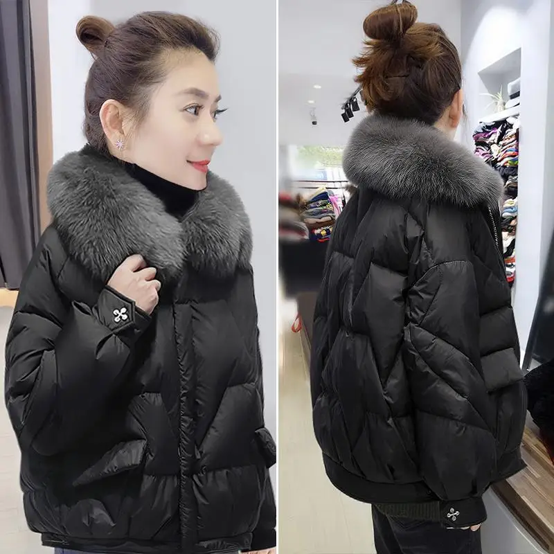 Imitation Natural Fox Fur Collar Loose Oversiz White Duck Down Jacket Ladies Winter Jacket Parker Coat  Women Coats Winter