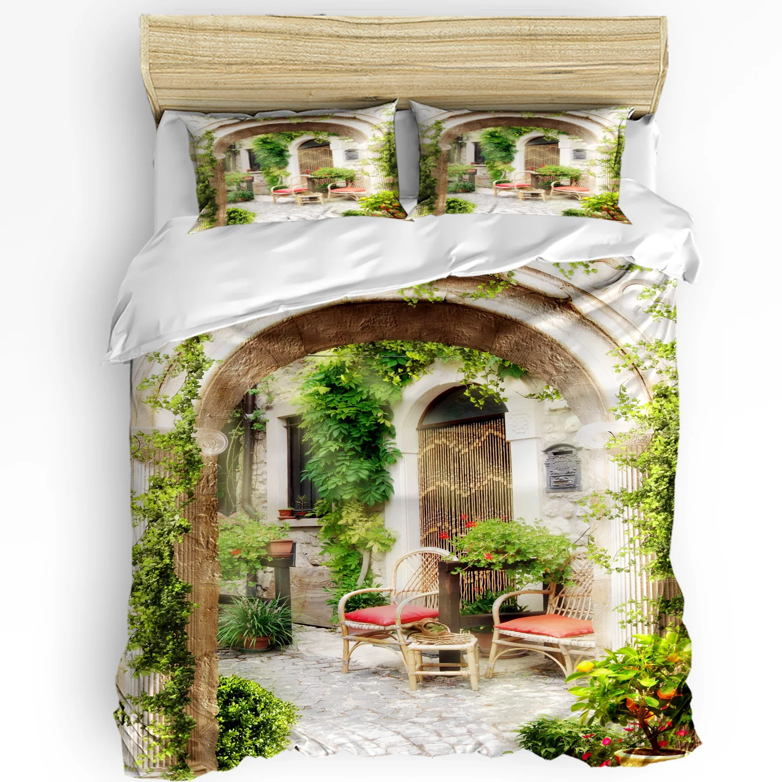 

Garden Italian Arch Architectural Flowers Street 3pcs Bedding Set For Double Bed Home Textile Duvet Cover Quilt Cover Pillowcase