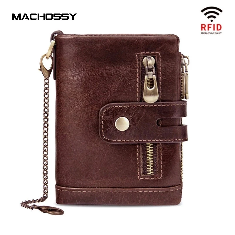 Vintage Men Leather Wallets Soft Genuine Leather Short Card Holder Chain Men Purse Brand Male wallet with Coin Pocket