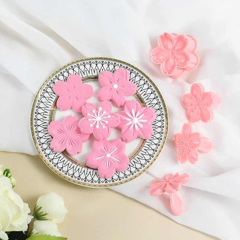 5pcs/set Sakura Cookie Mold Stamp Biscuit Cutter Pink Cherry Blossom DIY Floral Fondant Kitchen Baking Tools |