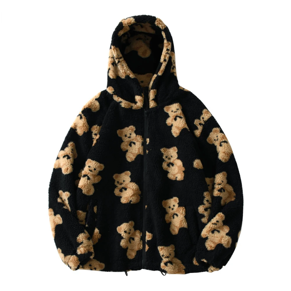 

2022 New Fleece Hooded Jackets Streetwear Casual Harajuku Hip Hop Men Women Fashion Bear Print Full Zip Hooded Coat Tops Outwear