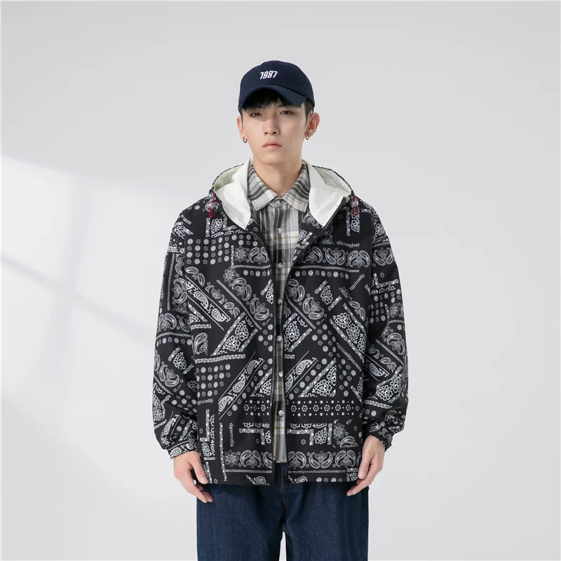 Spring Autumn 2022 Student Youth Men's Coat Design Thin Windbreaker Korean Style Simple Baggy Hooded Print Jacket