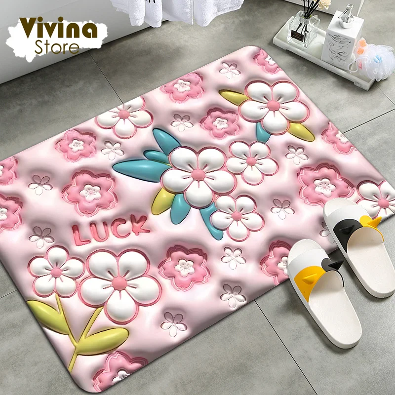 

3D Floral Bathroom Mat Absorbent Quick Dry Non-slip Cute Pink Mat For Drying Dishes Rubber Rug Kitchen Super Absorbent Carpet