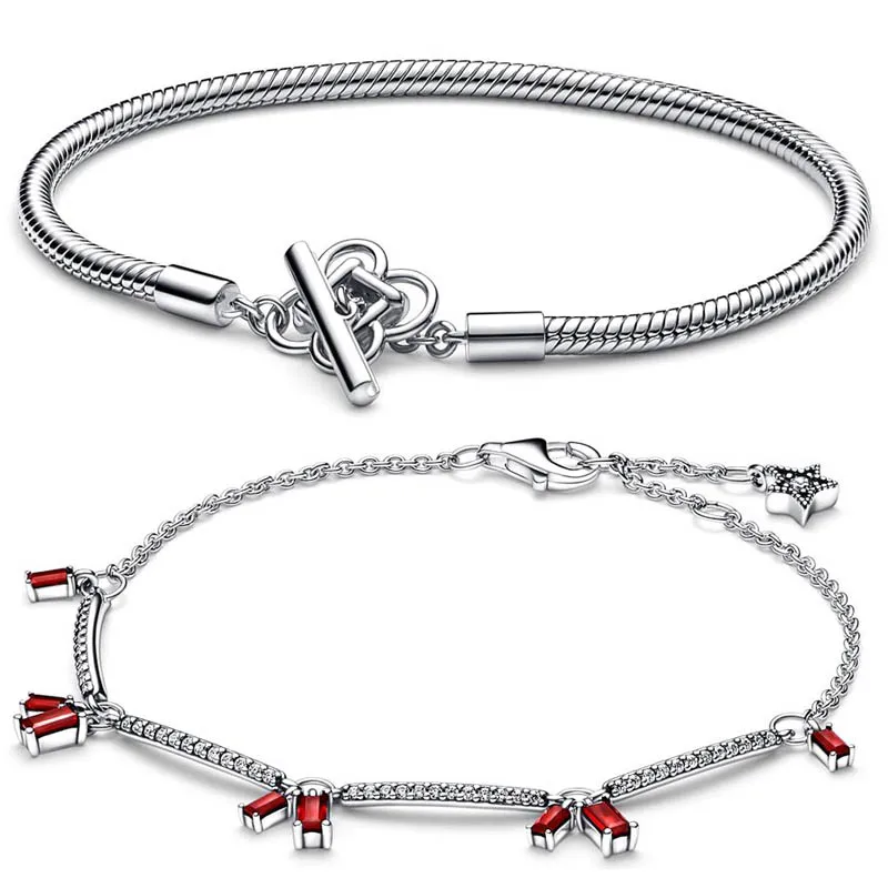 

Peace Knot T-bar Snake Chain Firecracker Pave Bars Bangle Bracelet Fit Fashion 925 Sterling Silver Bead Charm DIY Gift Jewelry