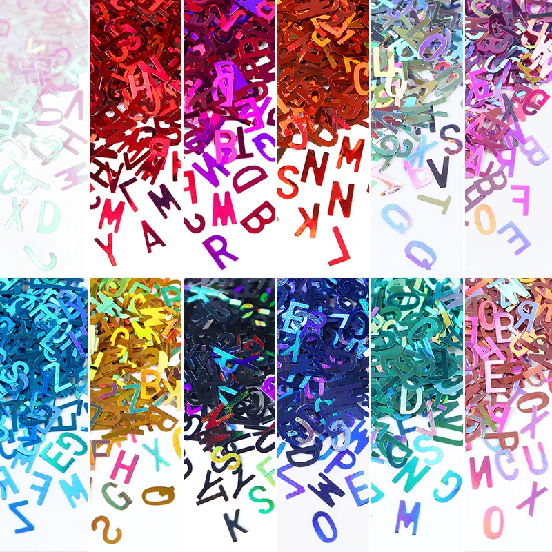 

12pcs/set Holographic Letters Resin Sequins Glitter For Epoxy Resin Filling 26 English Alphabet Flakes DIY Silicone Mold Fillers