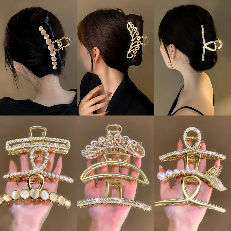 

Diamond-encrusted Pearl Opal Metal Hairpin Korean Version Of Retro Large Grab Shark Clip Temperament Headwear Hair Accessories W
