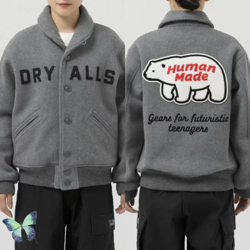 

Black Gray HUMAN MADE Polar Bear Embroidery Baseball Jackets Coat