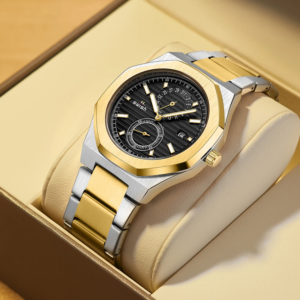 Fashion octagonal quartz watch men's top brand luxury gold stainless steel watch men's waterproof