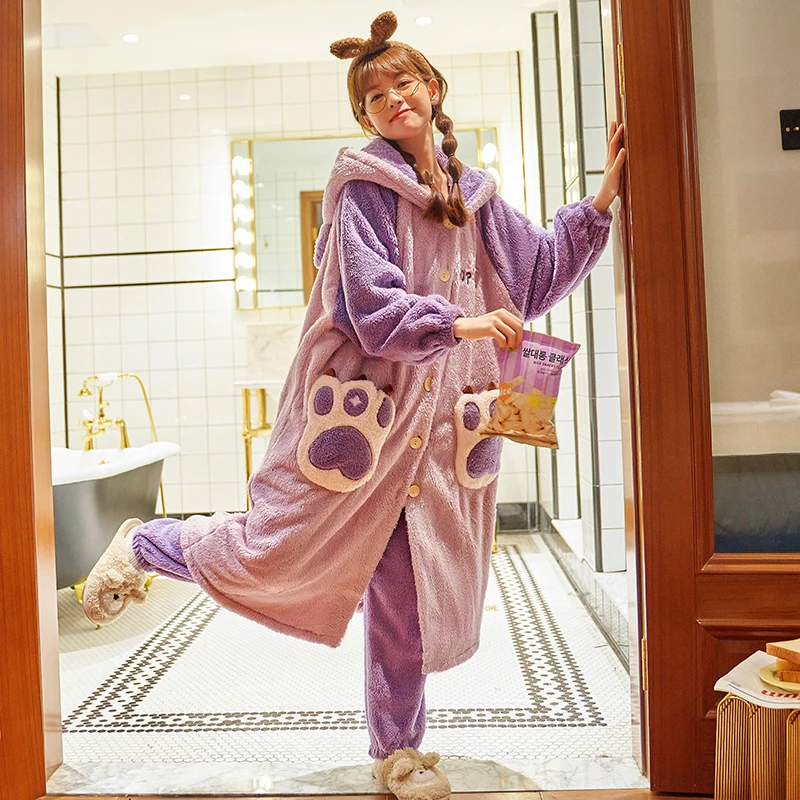 Winter Pajamas Fashion Women Sleepwear Plush Robe Thermal Pantsuit Home Wear Add Fleece and Thicken Nightgown Plus Size