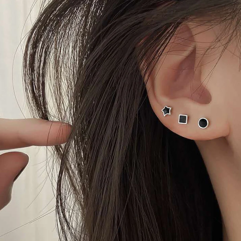 1 пара 925 серебряные черные мини-фотообои круглые корейские простые эффектные