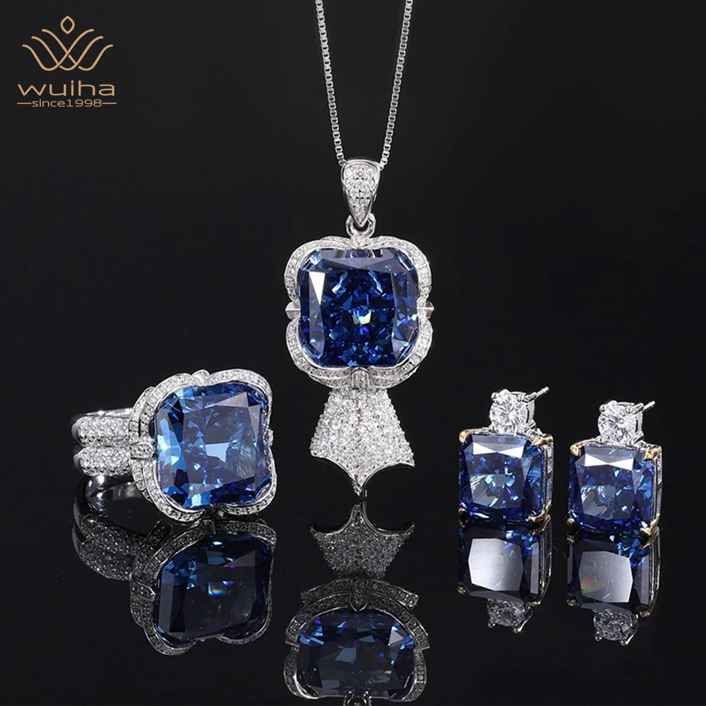 

WUIHA Luxury 925 Sterling Silver 14*14MM Princess Cut Faceted Gemstone Ring/Earrings/Pendant/Necklace Jewelry Set Drop Shipping