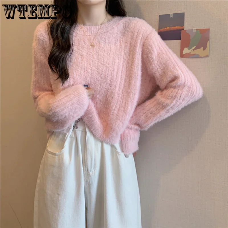 

Укороченный свитер Y2K, розовый пушистый однотонный Модный пуловер в Корейском стиле, вязаные свитера, джемпер с длинным рукавом в стиле Харадзюку на осень-зиму