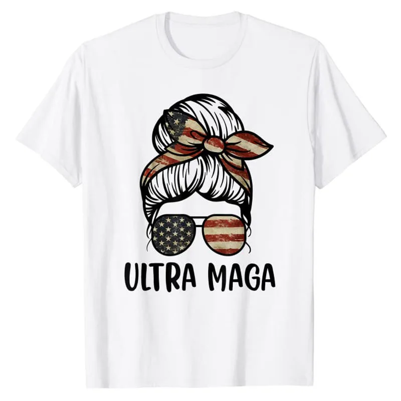 

Ultra MAGA Shirts Pro Trump Girl Graphic Tee Casual Tops Ultra-MAGA Messy Bun Patriotic T-Shirt Campaign Y2k Aesthetic Clothes