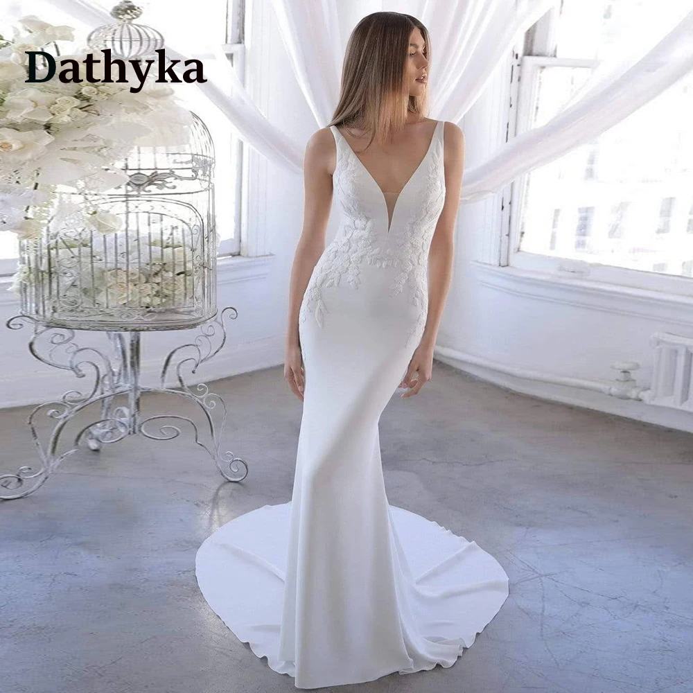 

Dathyka Gorgeous Mermaid Satin Wedding Dress For Brides V-neck Backless Appliques Wedding Dresses Vestido De noiva Personalised