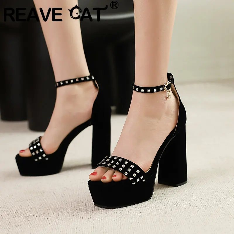 

REAVE CAT Women Sandals Peep Toe Flock Suede Block Heels 12cm Platform 4cm Buckle Strap Crystal Big Size 49 50 Sexy Party Shoes