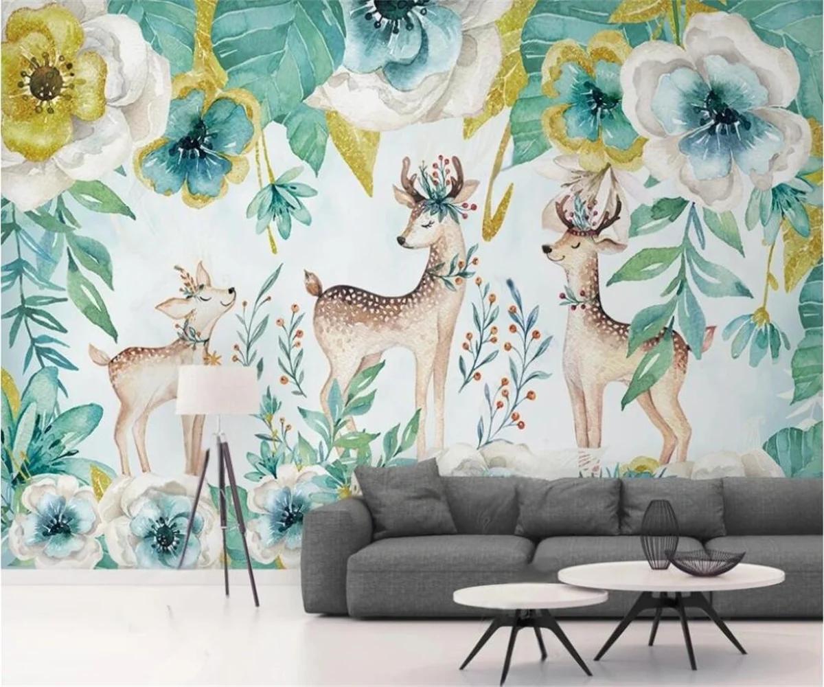 

Custom wallpaper mural forest elk flowers children's room kindergarten background wall home decoration living room 3d wallpaper