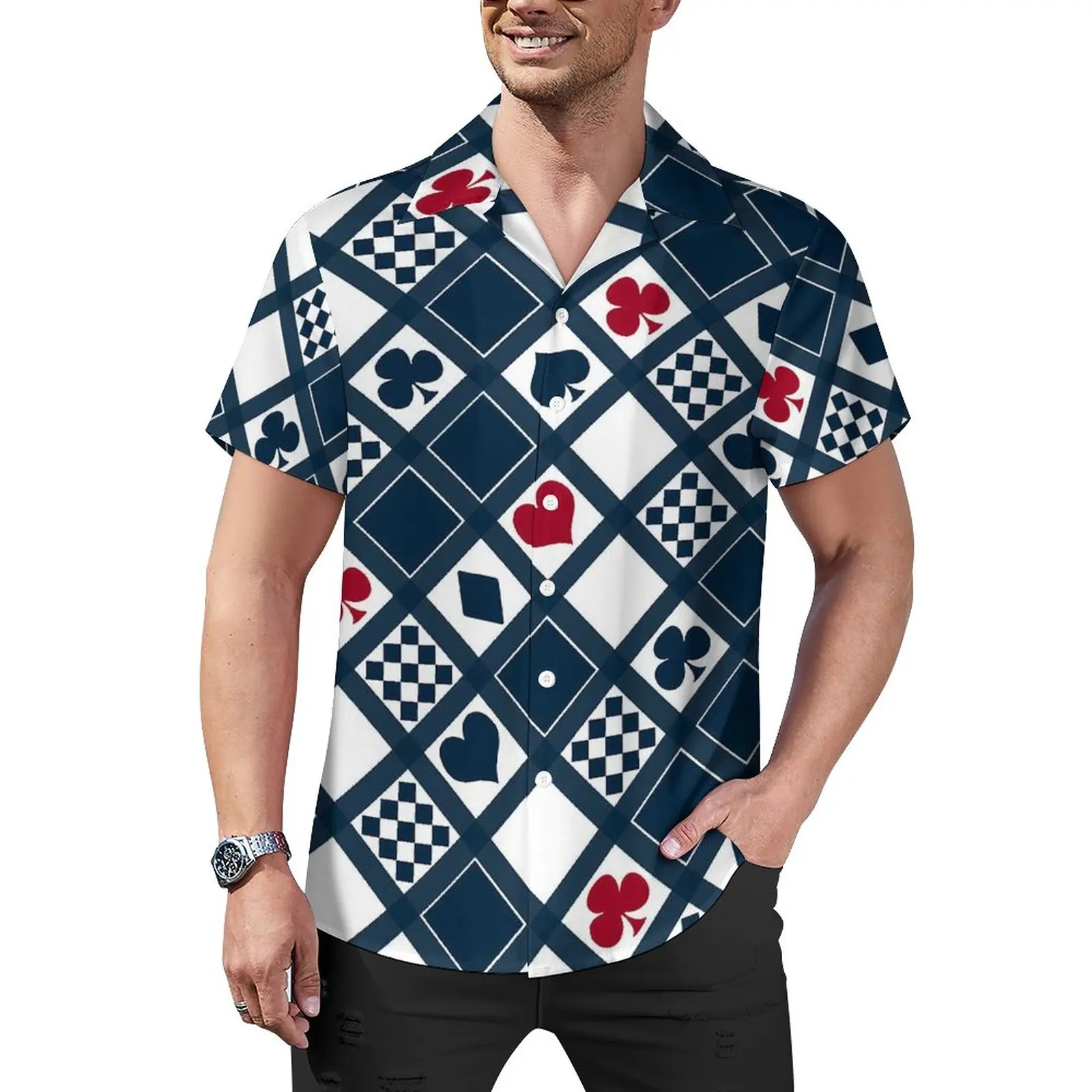 

Playing Cards Casual Shirts Hearts Crosses Clubs Vacation Shirt Hawaiian Street Style Blouses Men Graphic Plus Size