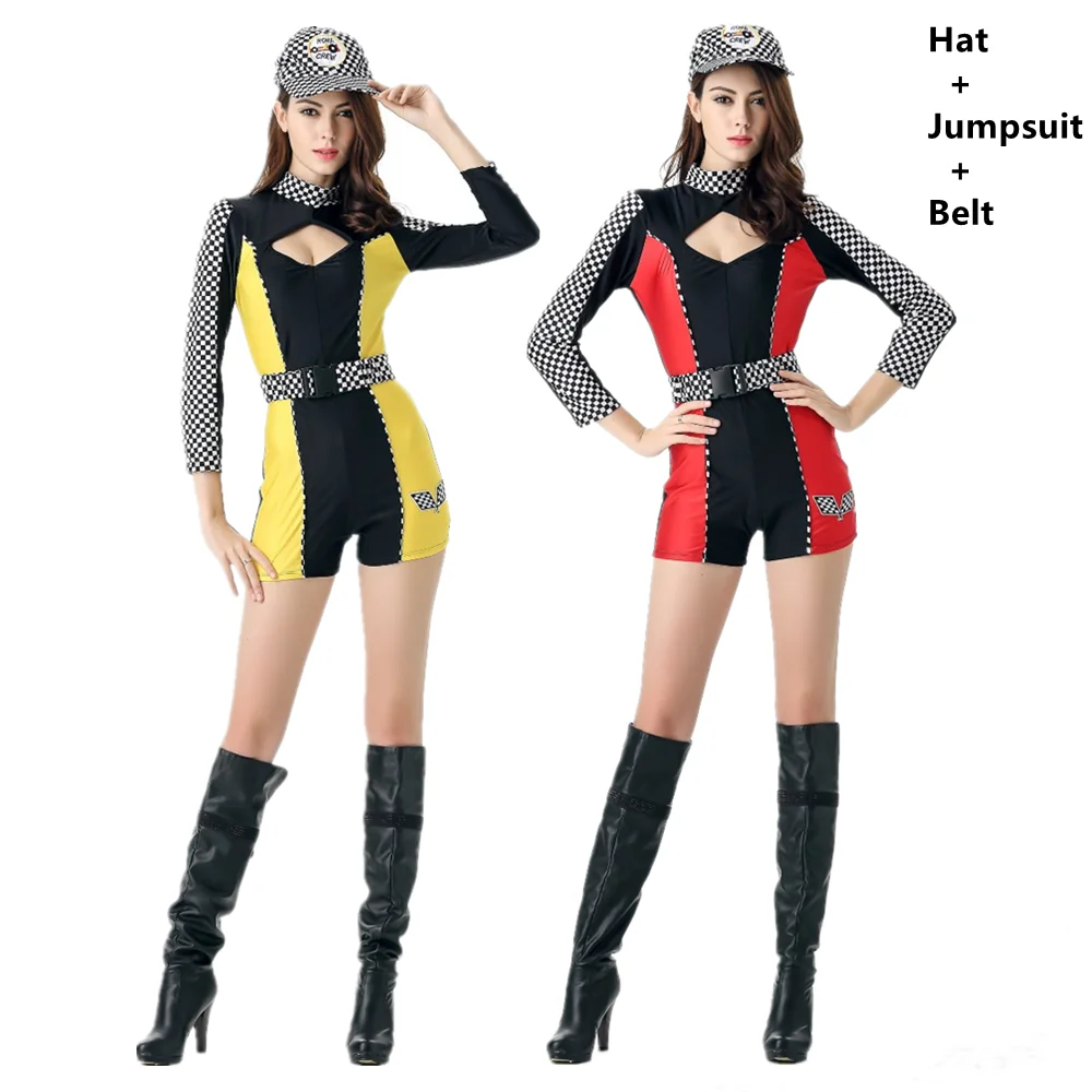 

Adult Sexy Race Car Driver Girl Long Sleeve Jumpsuit Cosplay Racer Cheerleading Costume Clubwear Outfit
