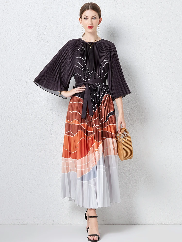 

Женское длинное плиссированное платье, дизайнерское винтажное платье в европейском стиле с драпировкой и широким рукавом, свободное Повседневное платье с поясом, N5201