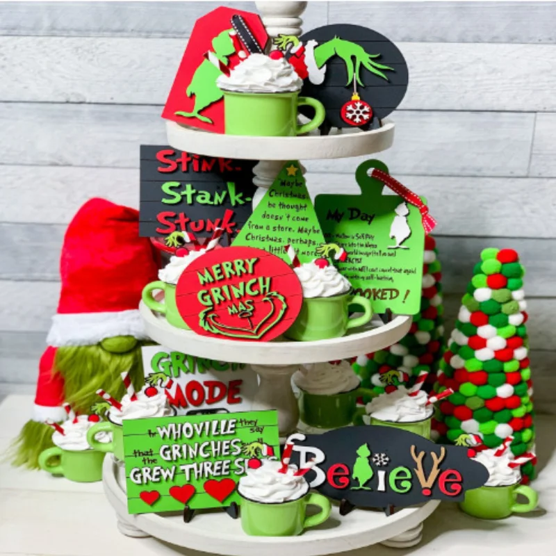 

6/9Pcs Merry Christmas Farmhouse Tiered Tray Decoration Green Wooden Table Top Signs Ornament Home Party Props Rustic Home Decor