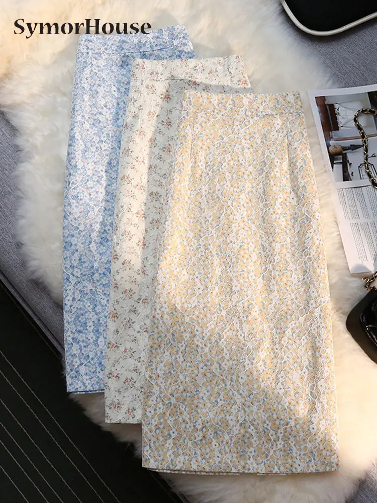 

New Floral Prints Skirts Woman Lace Empire A-Line Vintage Sexy Long Skirt Summer 2022 Harajuku Korean Fashion Clothing