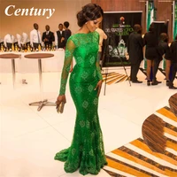 century sweepbrush train evening dresses green long sleeves prom gowns high neck prom dresses with applique vestido feminino