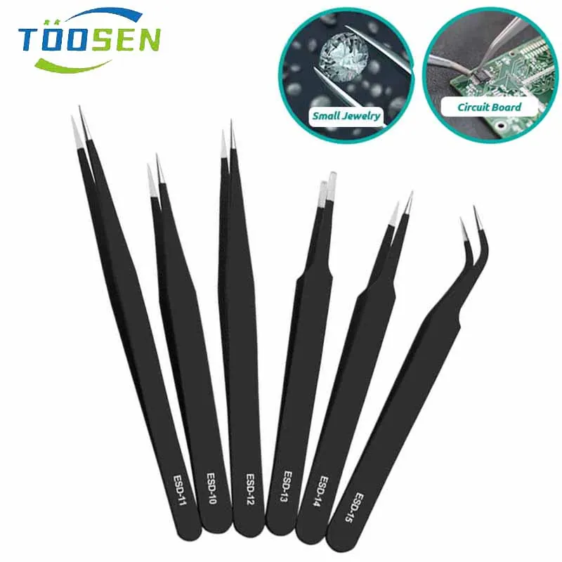 

ESD Anti-Static Stainless Steel Tweezers Industrial Precision Curved Straight Tweezers Home Working Model Making Hand Tool