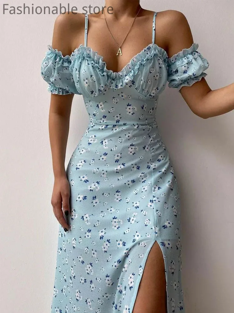 

Summer Women Floral PrintSpaghetti Strap Frill Hem Slit Chiffon Dress