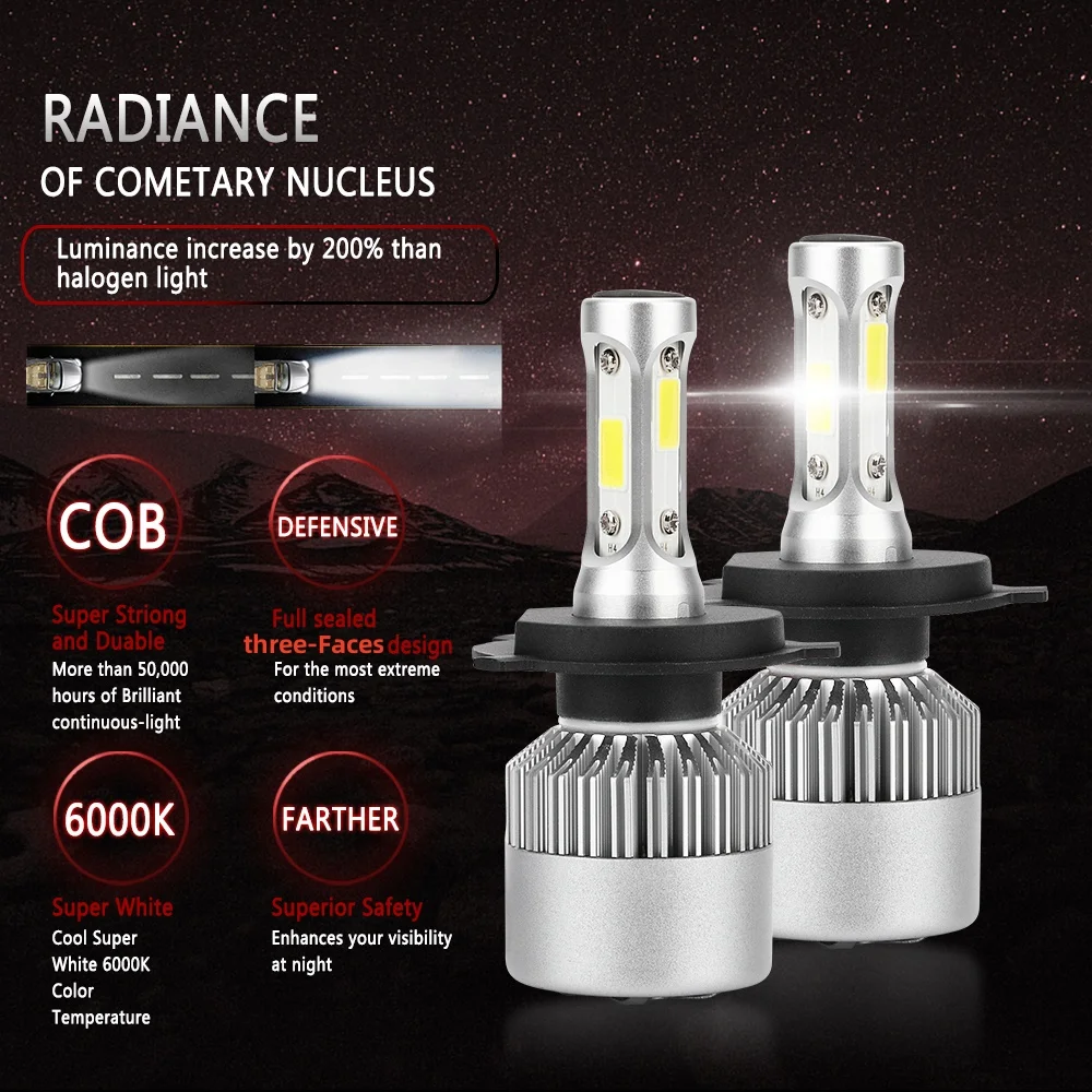 H4 9005/HB3 9006/HB4 880 H1 Светодиодные лампы для фар 3 лица COB Чипы LED 6500K Белый 40000LM 360 °