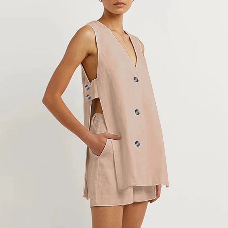 Новые летние женские топы и шорты на пуговицах с v-образным вырезом комплекты из 2