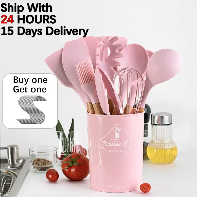 

Pink Cooking Kitchenware Tool Silicone Utensils With Wooden Multifunction Handle Non-Stick Spatula Ladle Egg Beaters Shovel