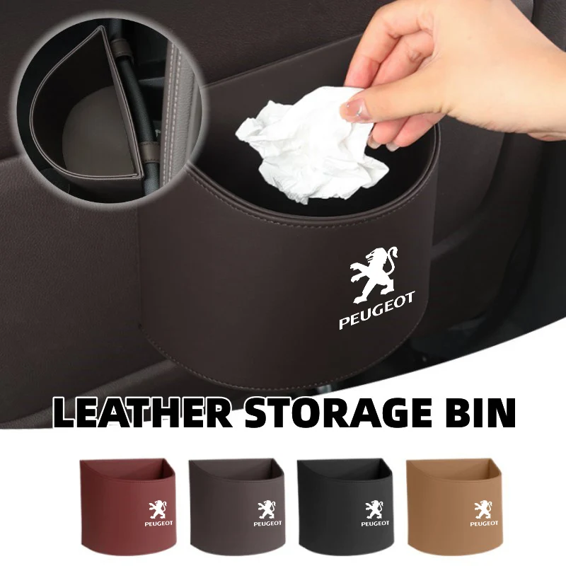 Leather Car Trash Bin Storage Holder For Peugeot 2008 3008 307 308 206 207 208 407 508 5008 106 107 205 4008 301 607 108 807