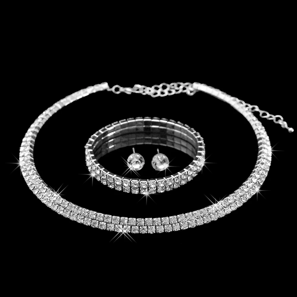 

2 ряда серебряного цвета Стразы Кристалл бриллиант Чокер Ожерелье Ювелирные наборы с браслетами