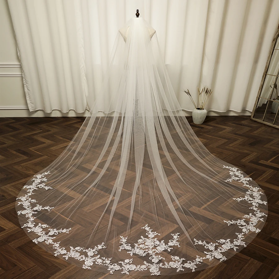 

New Pure White Ivory Wedding Veil 3.5 Meter Long Appliqued with Metal Comb Mantilla Cathedral Bridal Veil Veu De Noiva