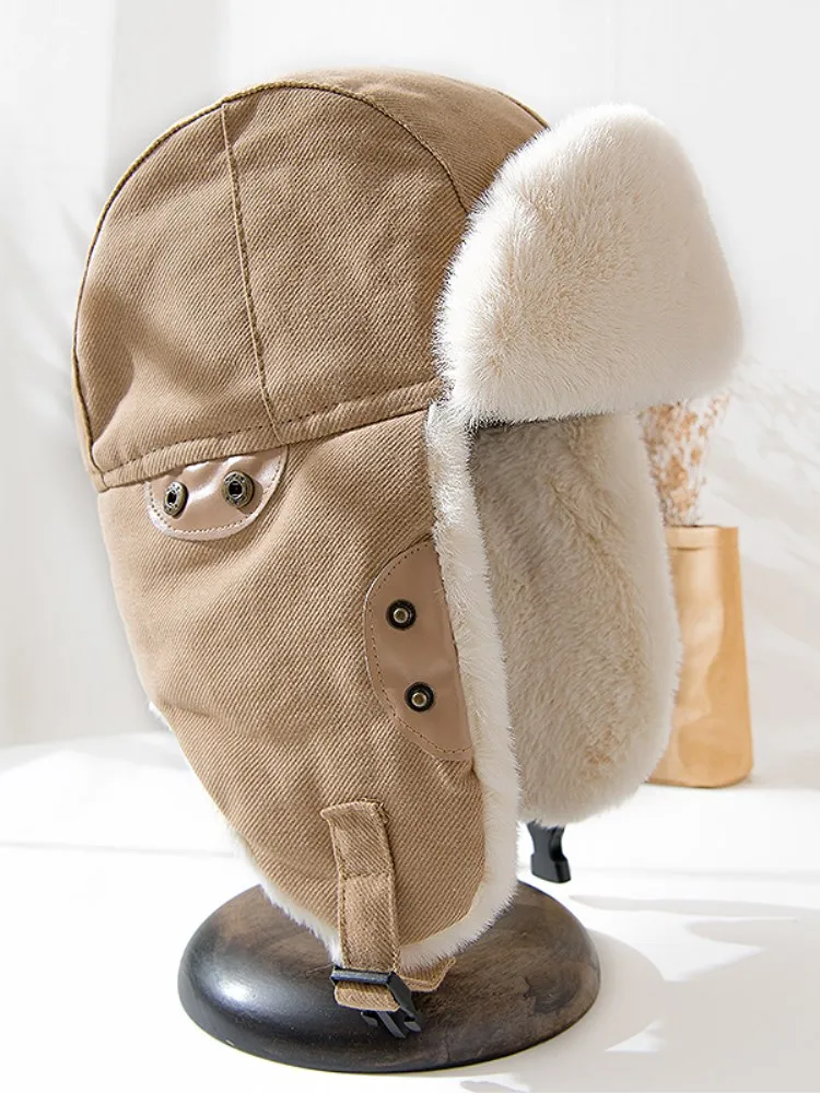 

Cold Winter Women Warm Plush Fur Hats Caps Ear Protector Outside Riding Skiing Pilot Bomber Fur Hats