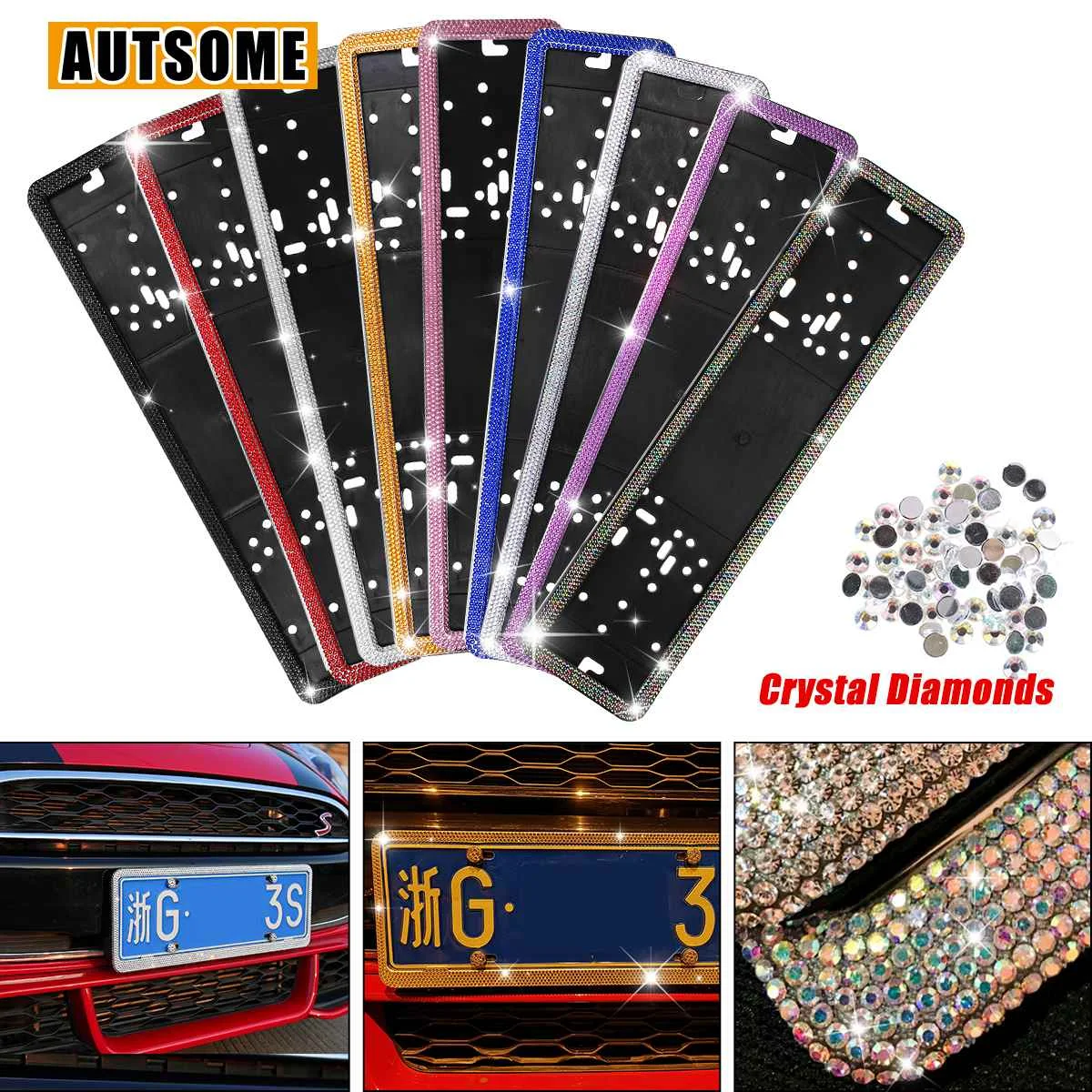 

1PCS Russian Car European License Plate Frame Luxurious Crystal 4 Diamond Rows Number Plate Holder Front Rear Plate