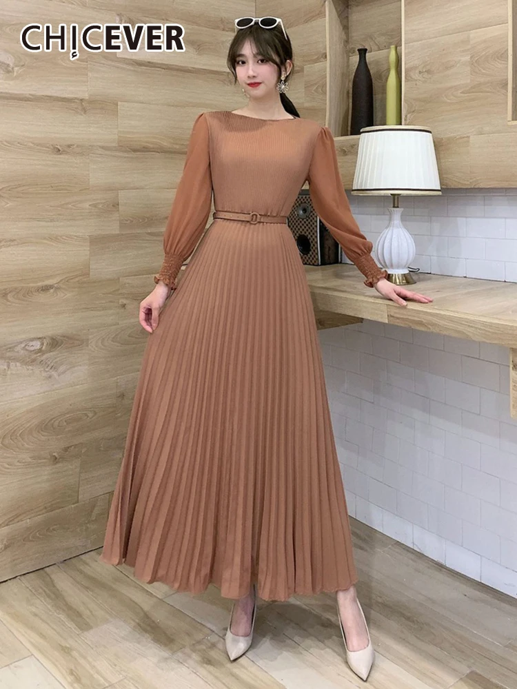 

CHICEVER Patchwork Belt Tunic Dresses For Women O Neck Petal Sleeve High Waist Solid Temperament Pleated Dress Female Spring
