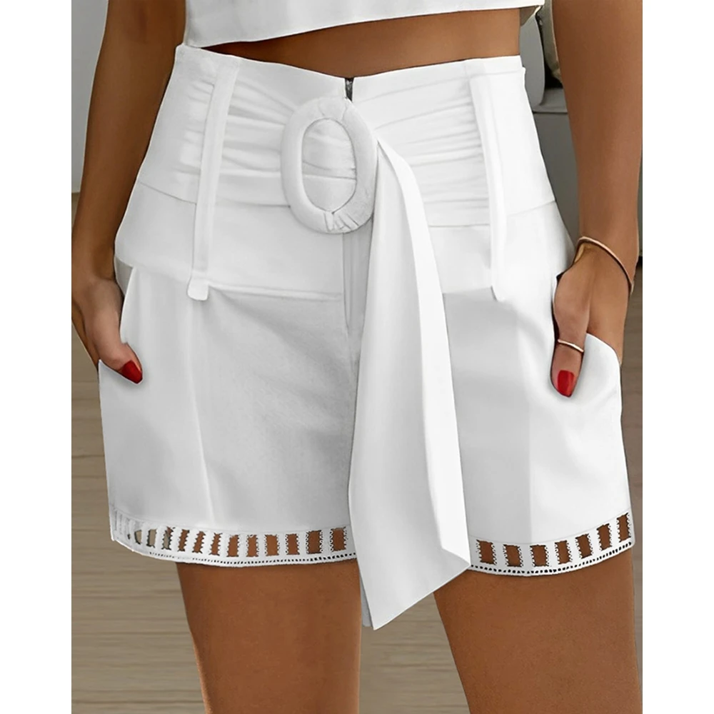 Korean Style Women High Waist Belted Pocket Design White Shorts Female Casual Elegant 2023 New Summer Hollow-out Hot Pants