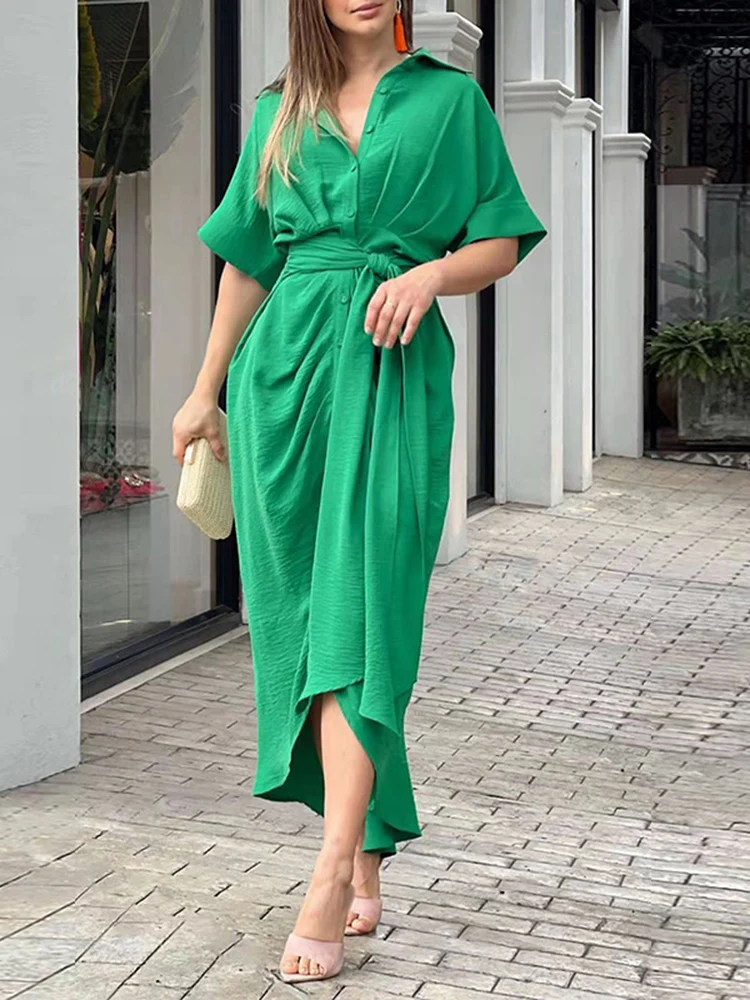 

Elegant Short Sleeve Lapel Pleated Shirts Dress Women 2023 Summer Irregular Buttons Lace-up Long Dress Office Ladies Dresses