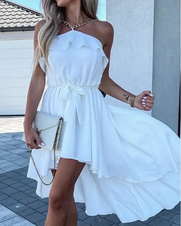

Sexy Sleeveless Women Chain Decor Ruffles Dip Hem Casual Dress 2022 Summer Fashion New Solid Color Irregular Dress
